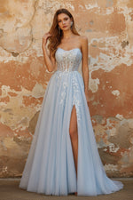 Strapless Blue A-Line Corset Long Tulle Prom Dress with Slit