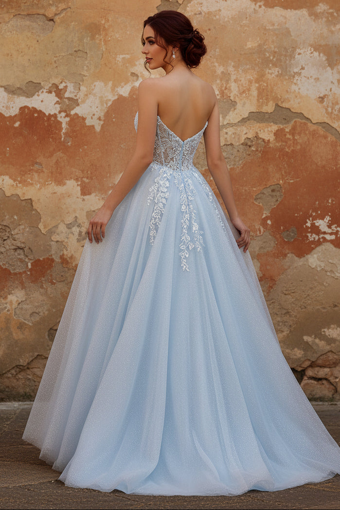 Strapless Blue A-Line Corset Long Tulle Prom Dress with Slit