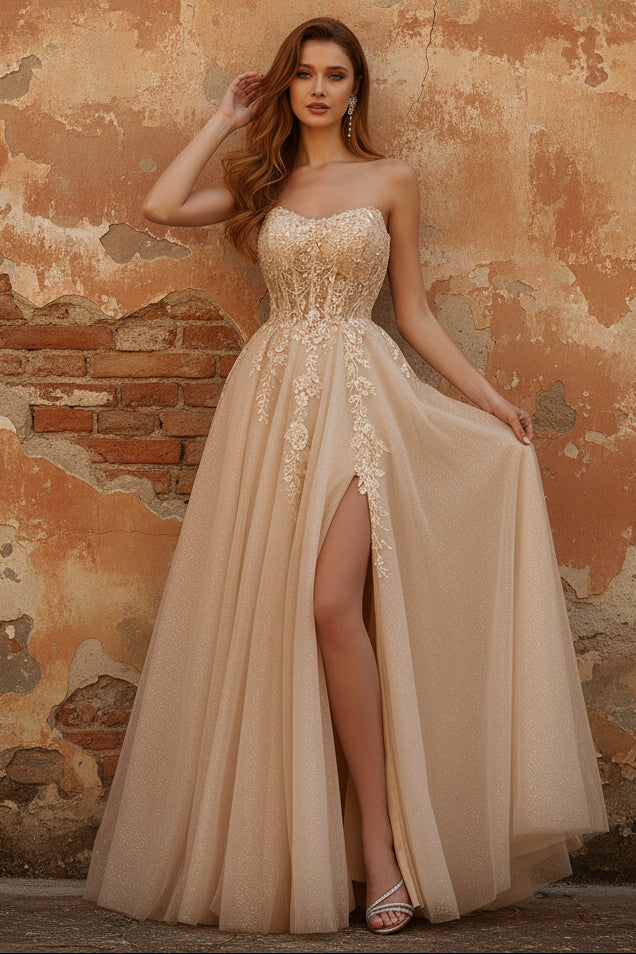 Strapless Blue A-Line Corset Long Tulle Prom Dress with Slit