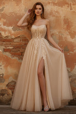 Strapless Blue A-Line Corset Long Tulle Prom Dress with Slit