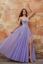 Strapless Blue A-Line Corset Long Tulle Prom Dress with Slit