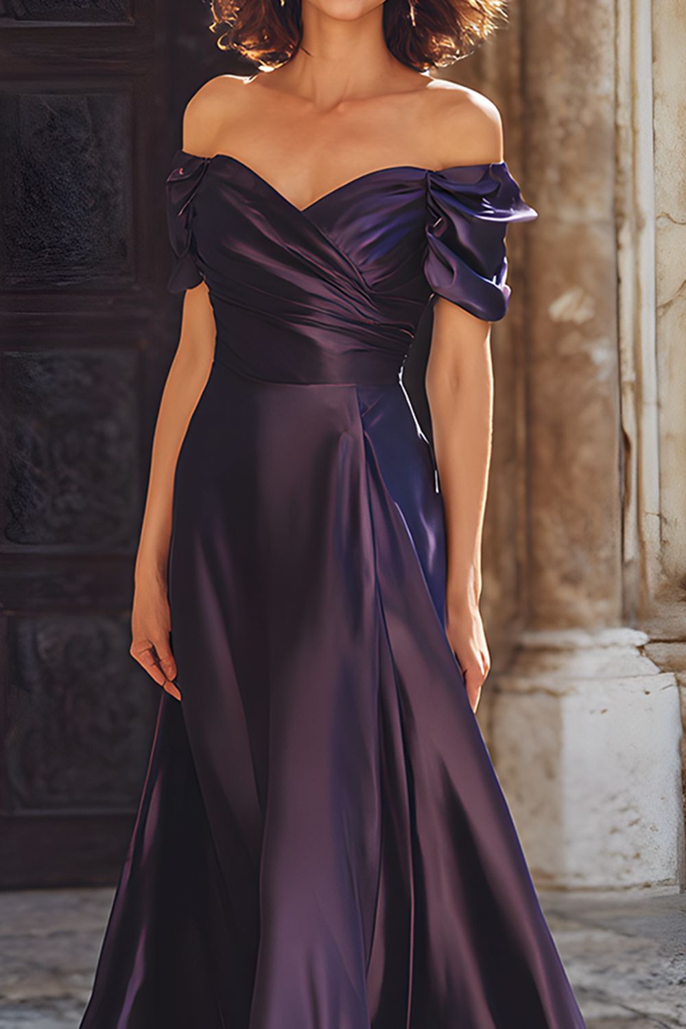 Plum Sheath Off the Shoulder Long Mother of the Bride Dress