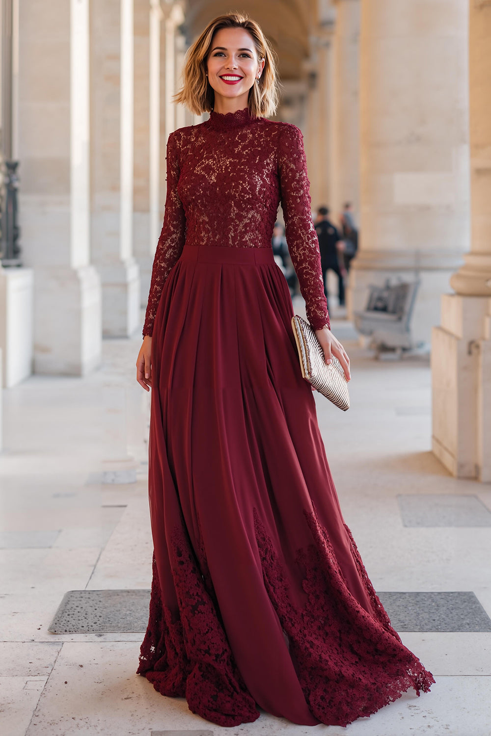 Burgundy Lace A-Line High Neck Ruched Mother Of Bride Dress