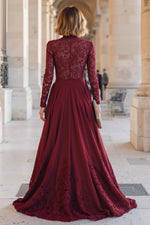 Burgundy Lace A-Line High Neck Ruched Mother Of Bride Dress