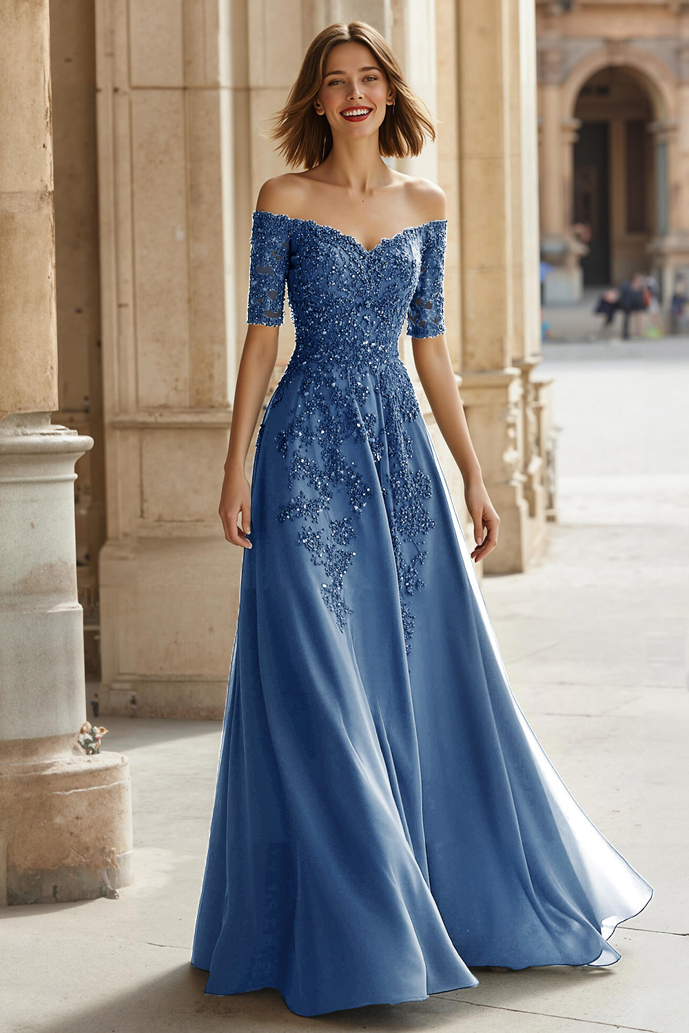 Pine A-Line Off The Shoulder Appliqued Mother Of Bride Dress