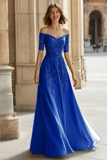 Pine A-Line Off The Shoulder Appliqued Mother Of Bride Dress