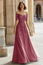 Pine A-Line Off The Shoulder Appliqued Mother Of Bride Dress