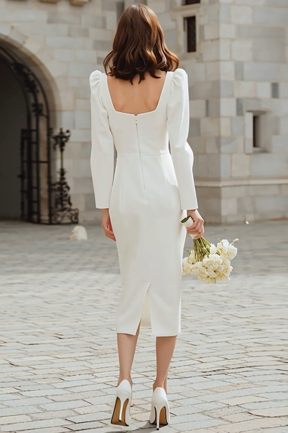 Ivory Square Neck Bodycon Satin Midi Engagement Dress with Sleeves
