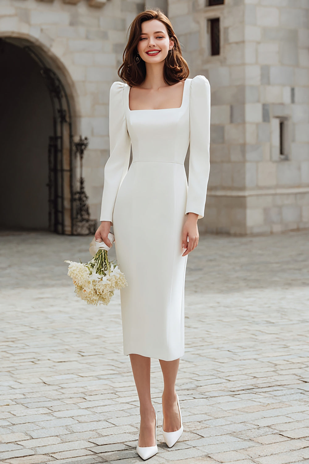 Ivory Square Neck Bodycon Satin Midi Engagement Dress with Sleeves