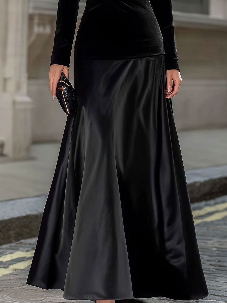 Black Satin Long-Sleeve A-Line Evening Gown