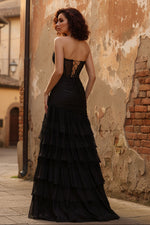 Black Mermaid Tiered Ruffle Sweetheart Ruched Long Prom Dress with Slit