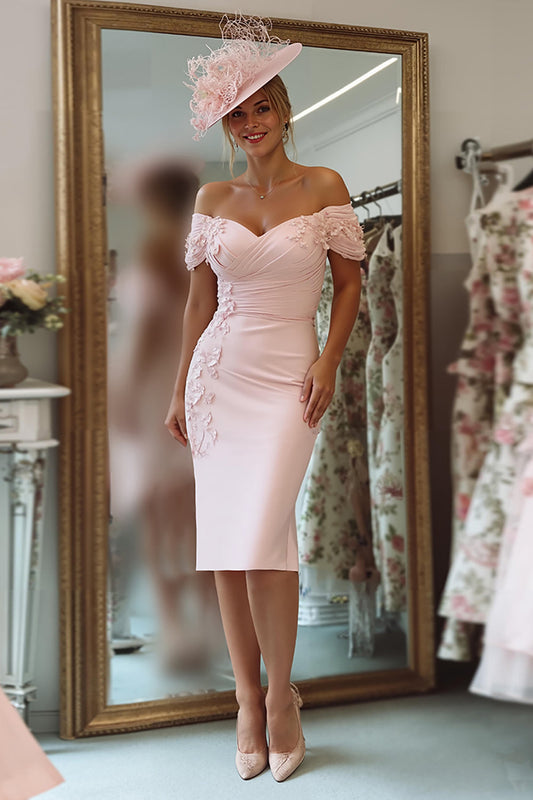 Sheath Off The Shoulder Blush Pink Mother Of The Bride Dress with Appliques