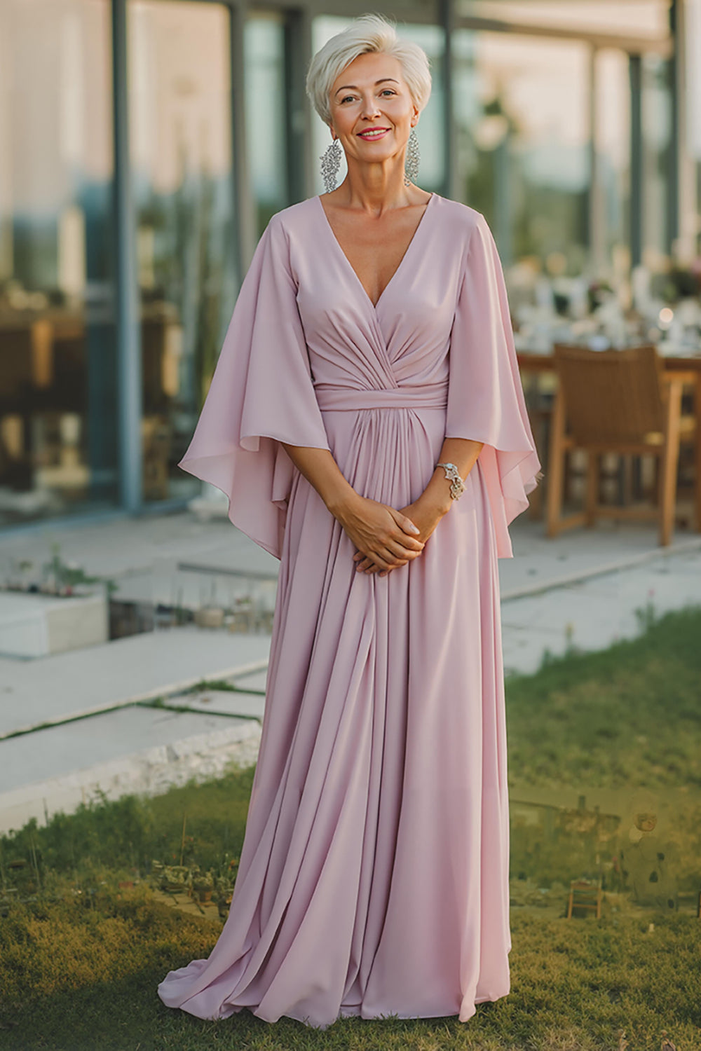 Dusty Rose Chiffon V-Neck Ruched Long Mother Of The Bride Dress with Half Sleeves