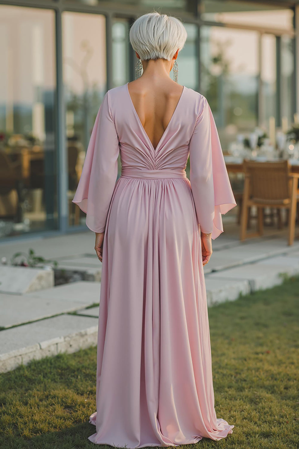Dusty Rose Chiffon V-Neck Ruched Long Mother Of The Bride Dress with Half Sleeves