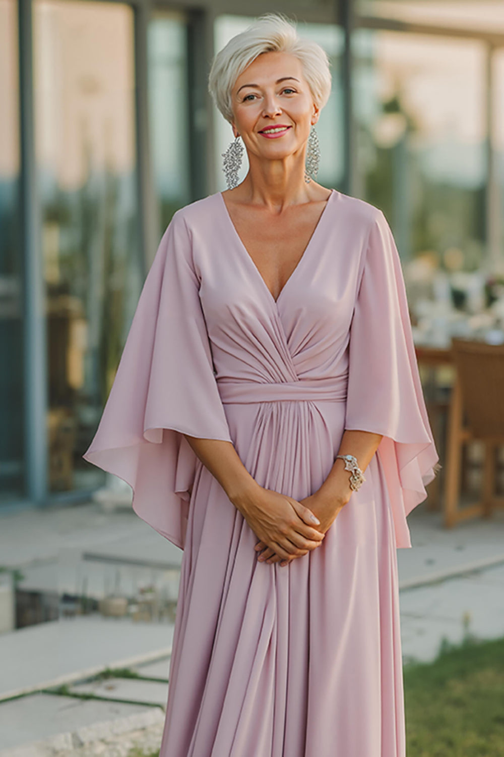 Dusty Rose Chiffon V-Neck Ruched Long Mother Of The Bride Dress with Half Sleeves