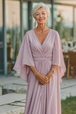 Dusty Rose Chiffon V-Neck Ruched Long Mother Of The Bride Dress with Half Sleeves