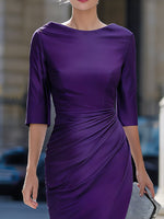 Purple Satin Elbow Sleeve Ruched Waist Sheath Midi Dress