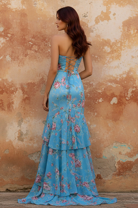 Blue Floral Sweetheart Ruffled Mermaid Long Prom Dress with Slit