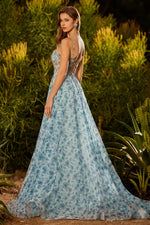Sparkly Floral Blue Chiffon Sweetheart Long Corset Prom Dress with Slit
