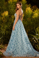 Sparkly Floral Blue Chiffon Sweetheart Long Corset Prom Dress with Slit