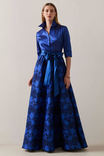 Royal Blue A-Line Floral Half Sleeves Long Mother Of The Bride Dress with Sash