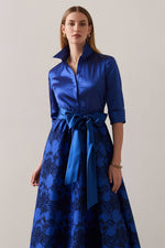 Royal Blue A-Line Floral Half Sleeves Long Mother Of The Bride Dress with Sash