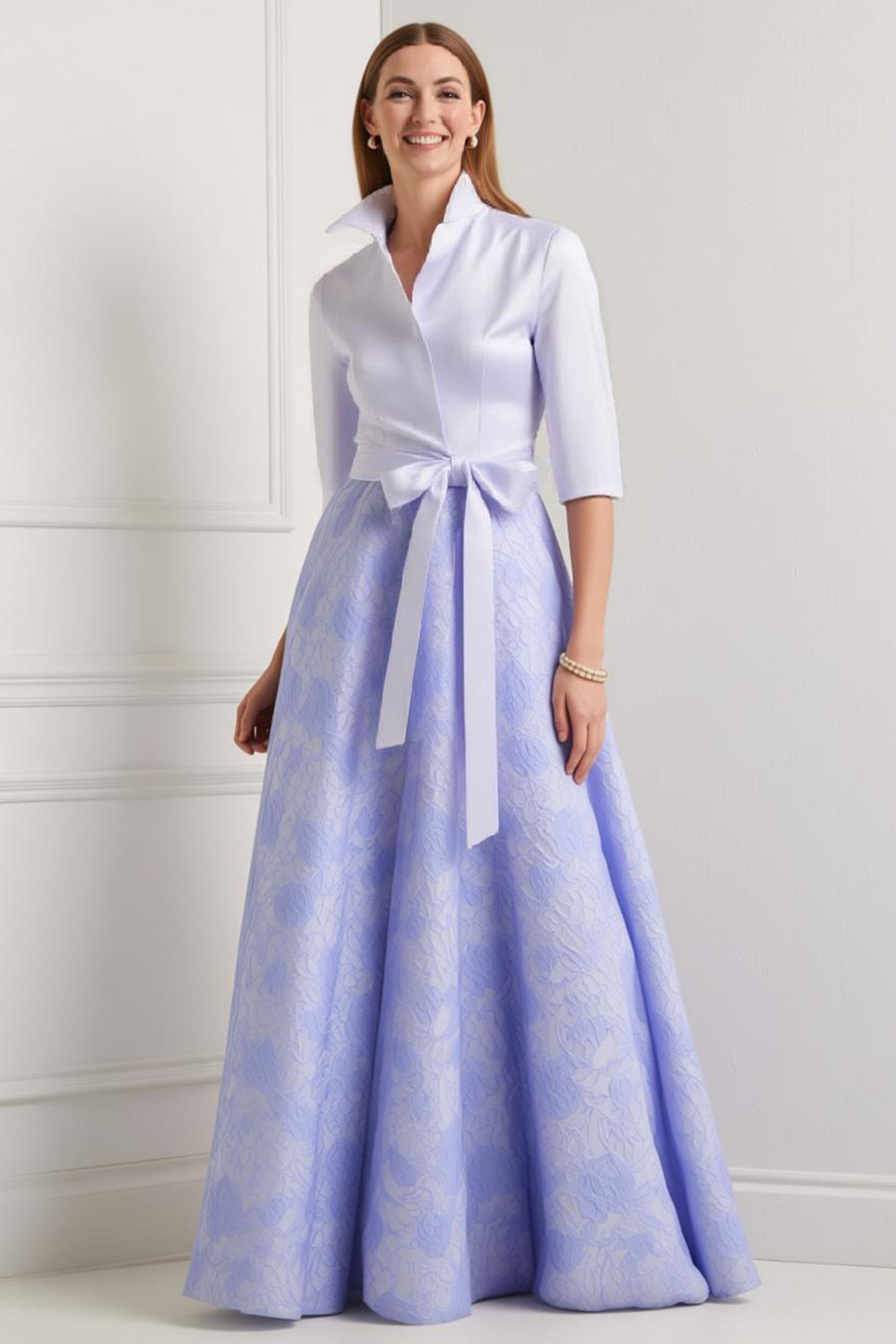 Royal Blue A-Line Floral Half Sleeves Long Mother Of The Bride Dress with Sash