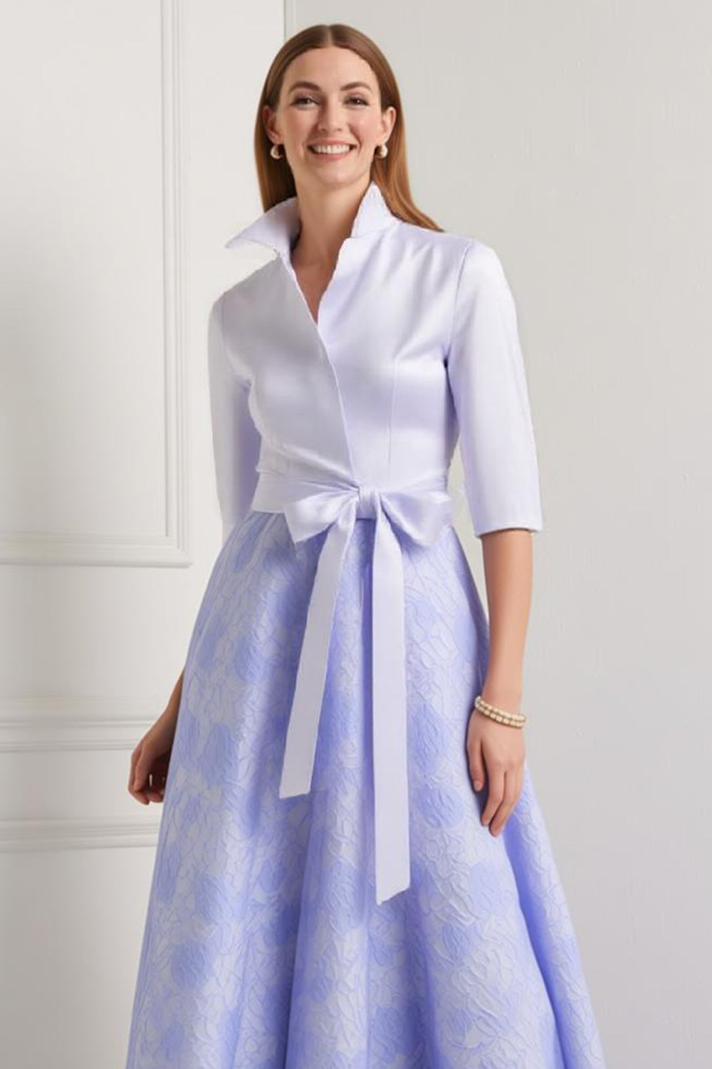 Royal Blue A-Line Floral Half Sleeves Long Mother Of The Bride Dress with Sash