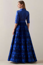 Royal Blue A-Line Floral Half Sleeves Long Mother Of The Bride Dress with Sash