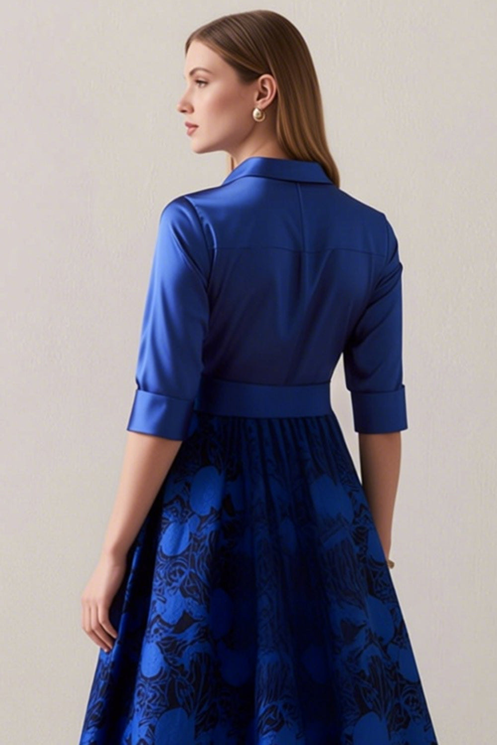 Royal Blue A-Line Floral Half Sleeves Long Mother Of The Bride Dress with Sash
