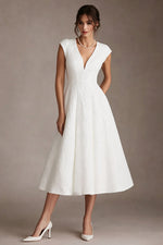 Simple White V-Neck A Line Midi Wedding Reception Dress