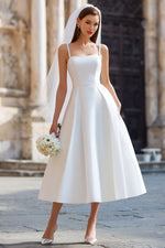White A Line Spaghetti Straps Long Wedding Dress with Detachable Bow