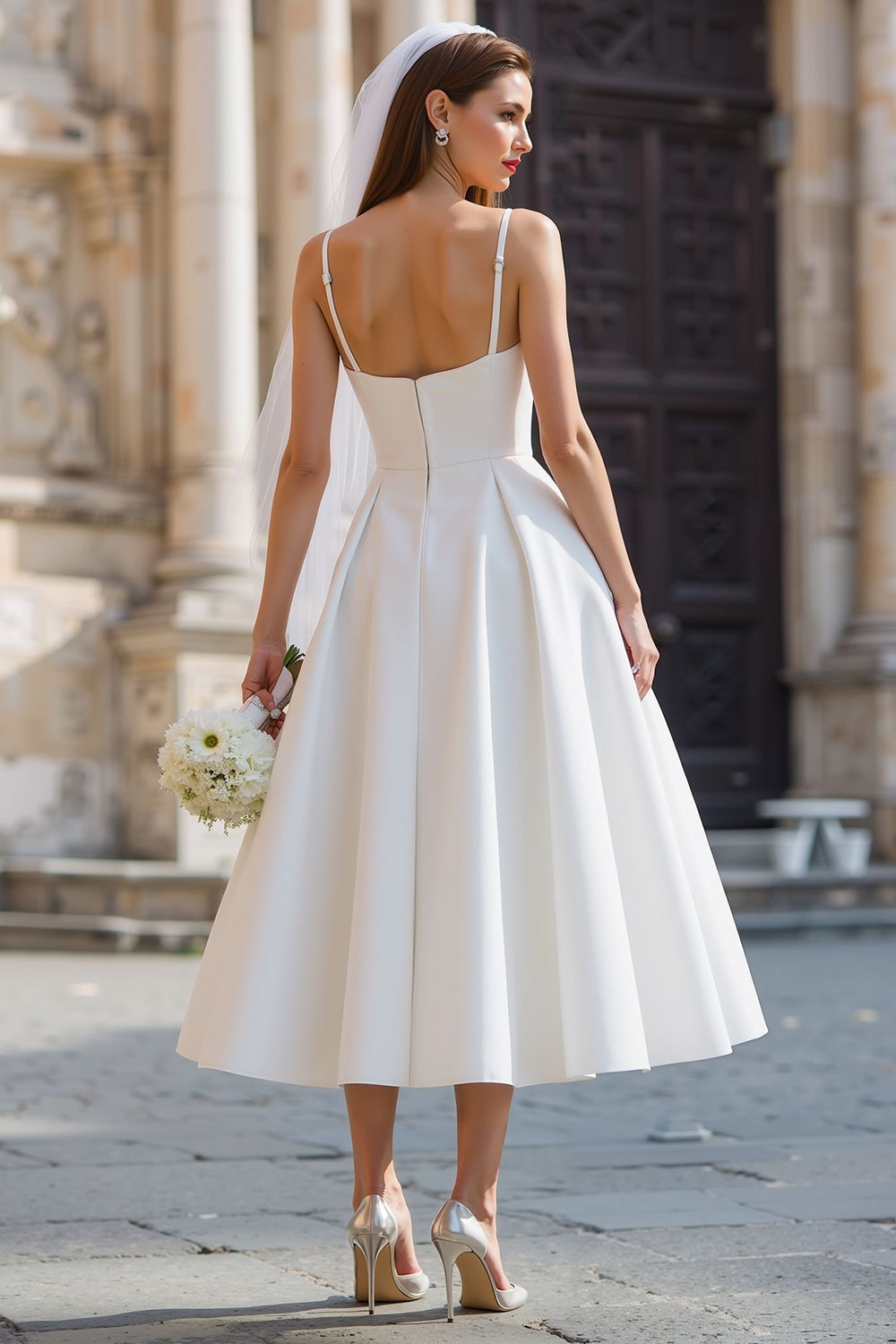 White A Line Spaghetti Straps Long Wedding Dress with Detachable Bow
