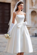 White A Line Spaghetti Straps Long Wedding Dress with Detachable Bow