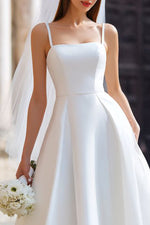 White A Line Spaghetti Straps Long Wedding Dress with Detachable Bow