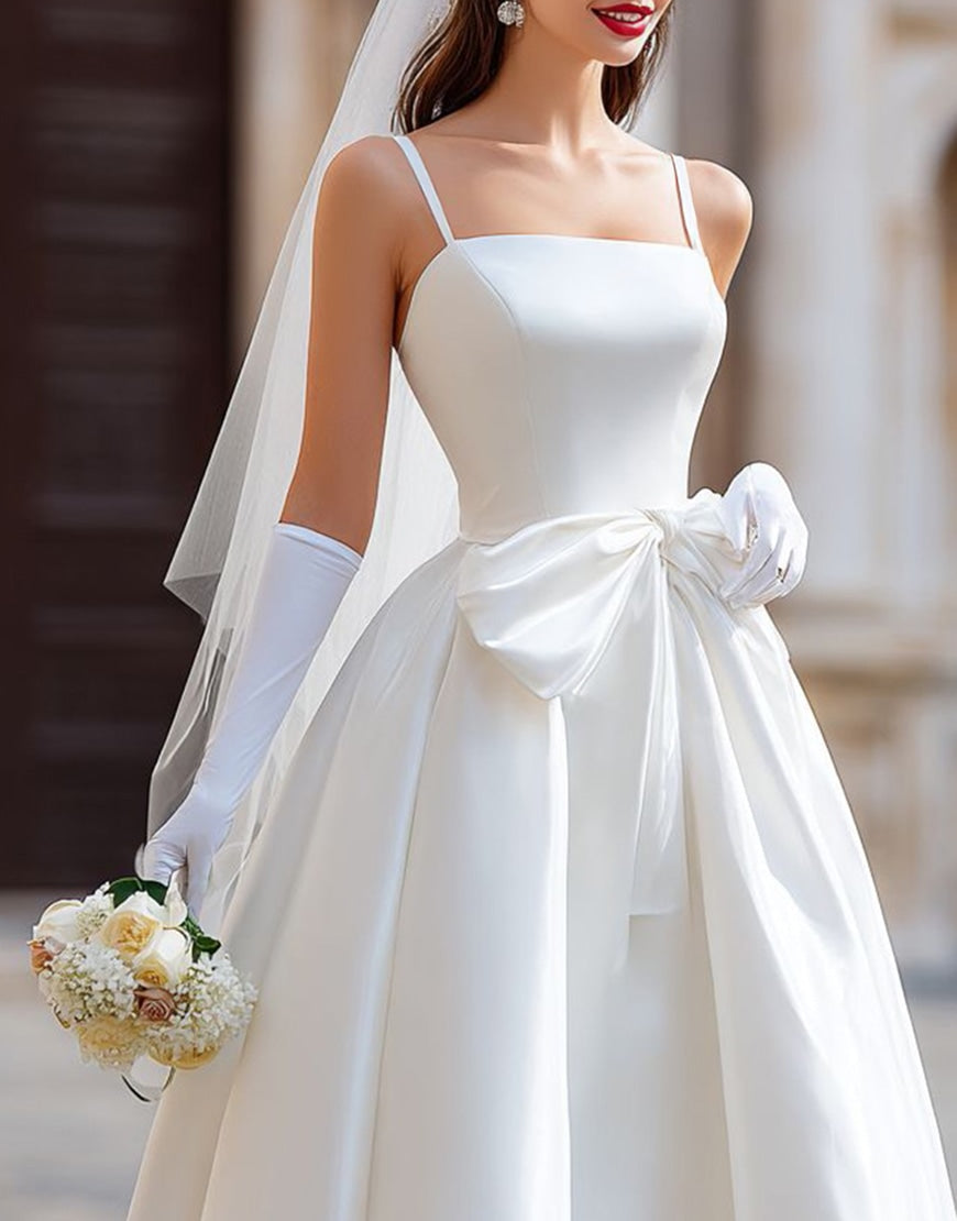 White A Line Spaghetti Straps Long Wedding Dress with Detachable Bow
