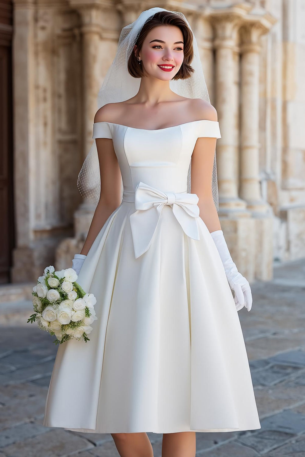 Off the Shoulder White Corset A Line Midi Wedding Dress with Bows