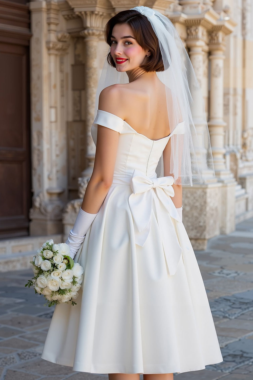 Off the Shoulder White Corset A Line Midi Wedding Dress with Bows