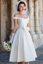 Off the Shoulder White Corset A Line Midi Wedding Dress with Bows
