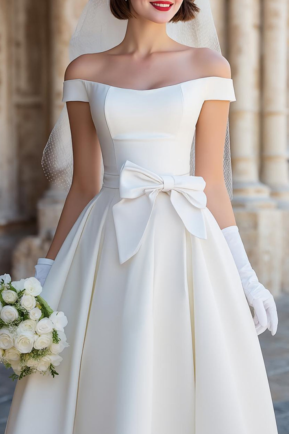 Off the Shoulder White Corset A Line Midi Wedding Dress with Bows