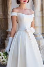 Off the Shoulder White Corset A Line Midi Wedding Dress with Bows