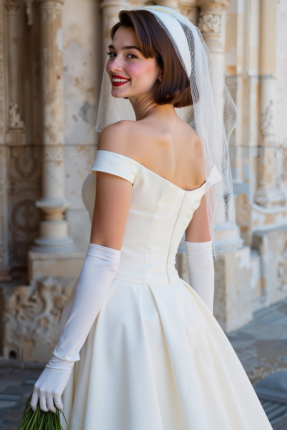 Off the Shoulder White Corset A Line Midi Wedding Dress with Bows