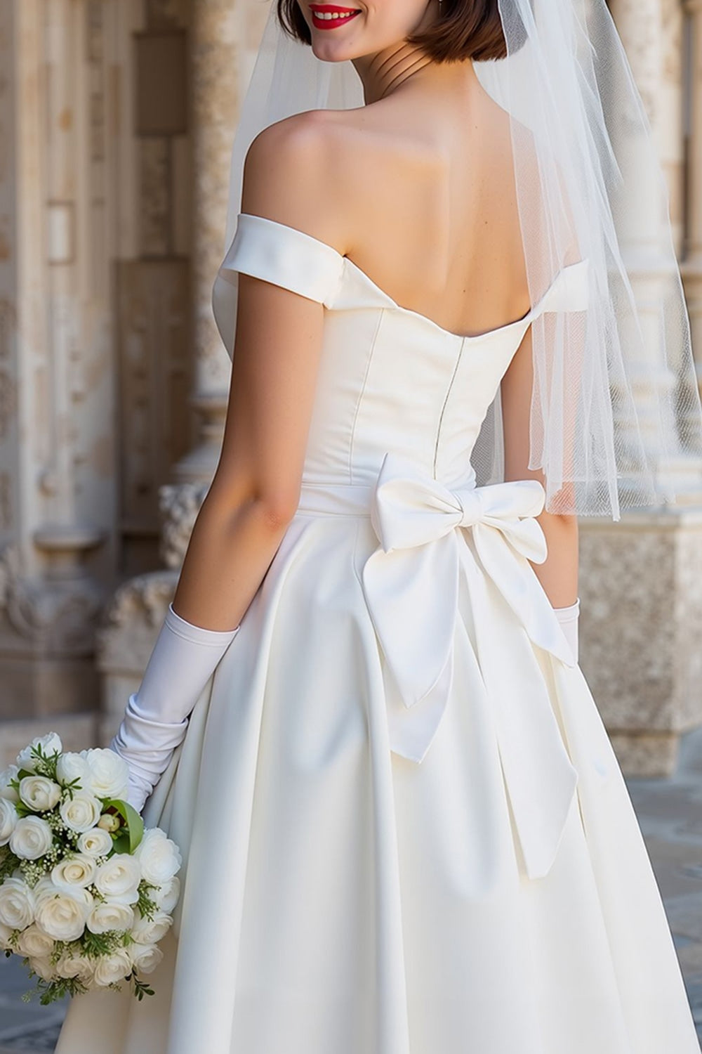 Off the Shoulder White Corset A Line Midi Wedding Dress with Bows