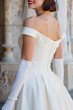 Off the Shoulder White Corset A Line Midi Wedding Dress with Bows