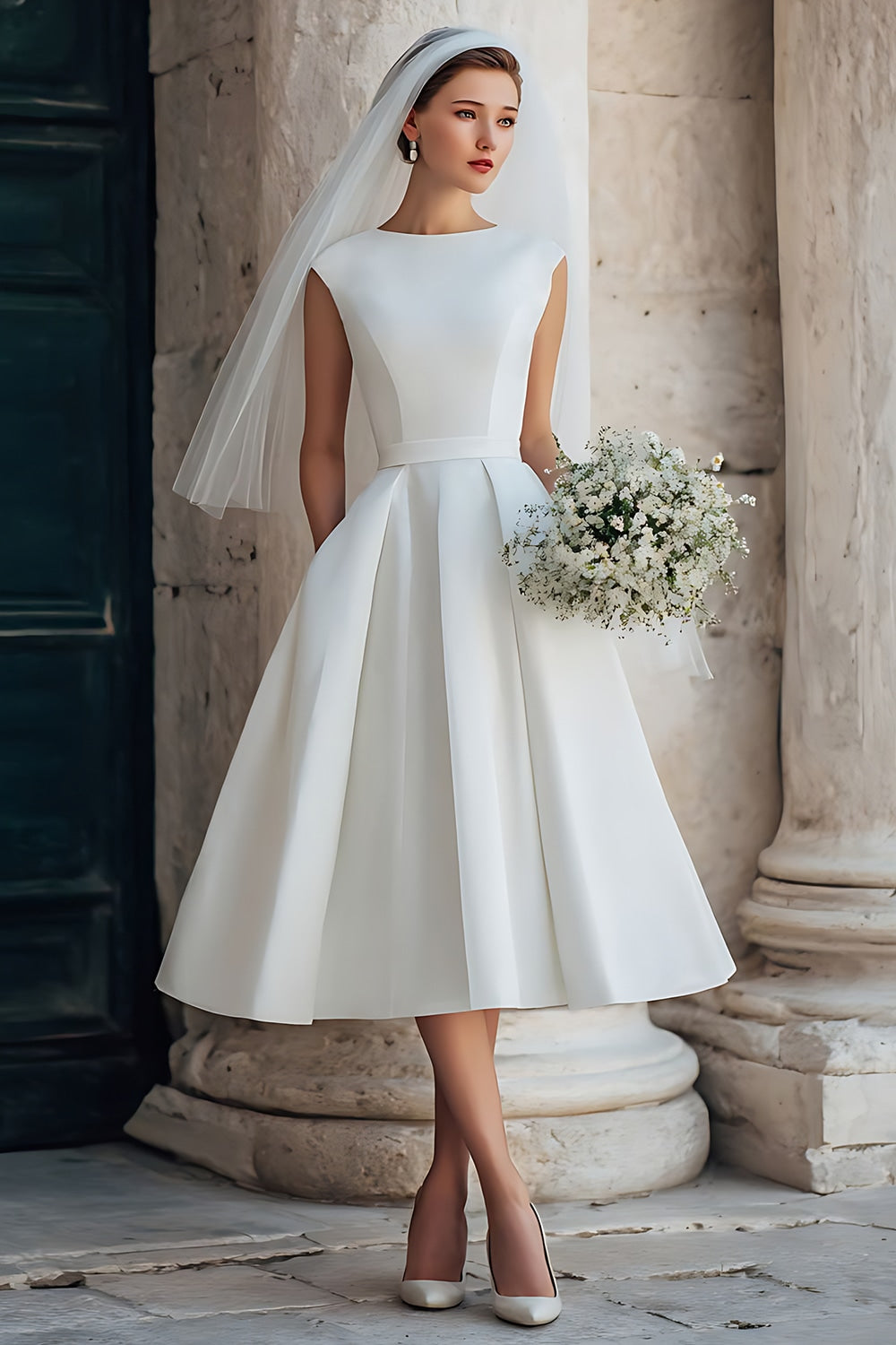 White A Line Sleeveless Round Neck Midi Wedding Dress