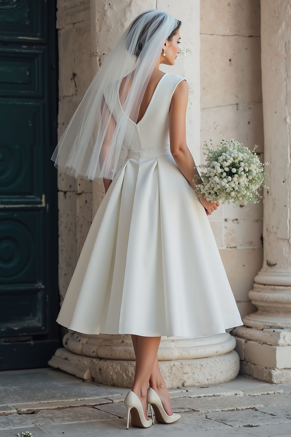 White A Line Sleeveless Round Neck Midi Wedding Dress