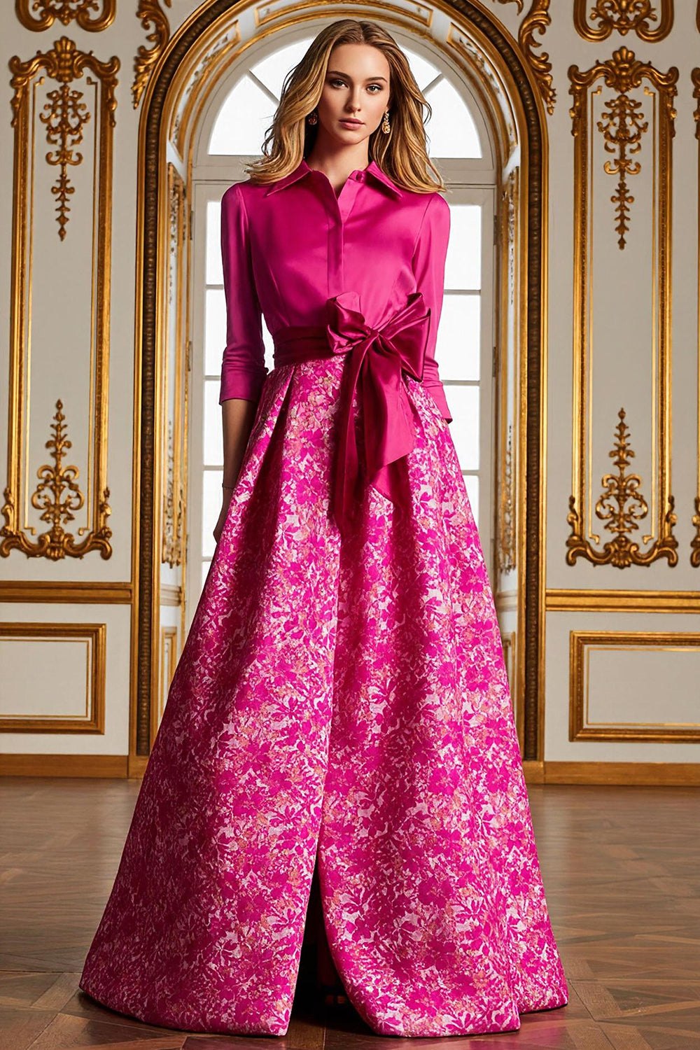 Fuchsia A Line Satin Floral Long Mother of the Bride Dress with Sleeves