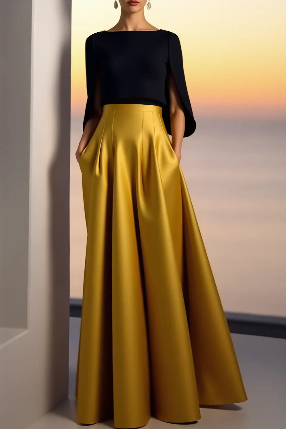 Evening Formal Dress Golden A-Line Crew Neck Satin Maxi Dress