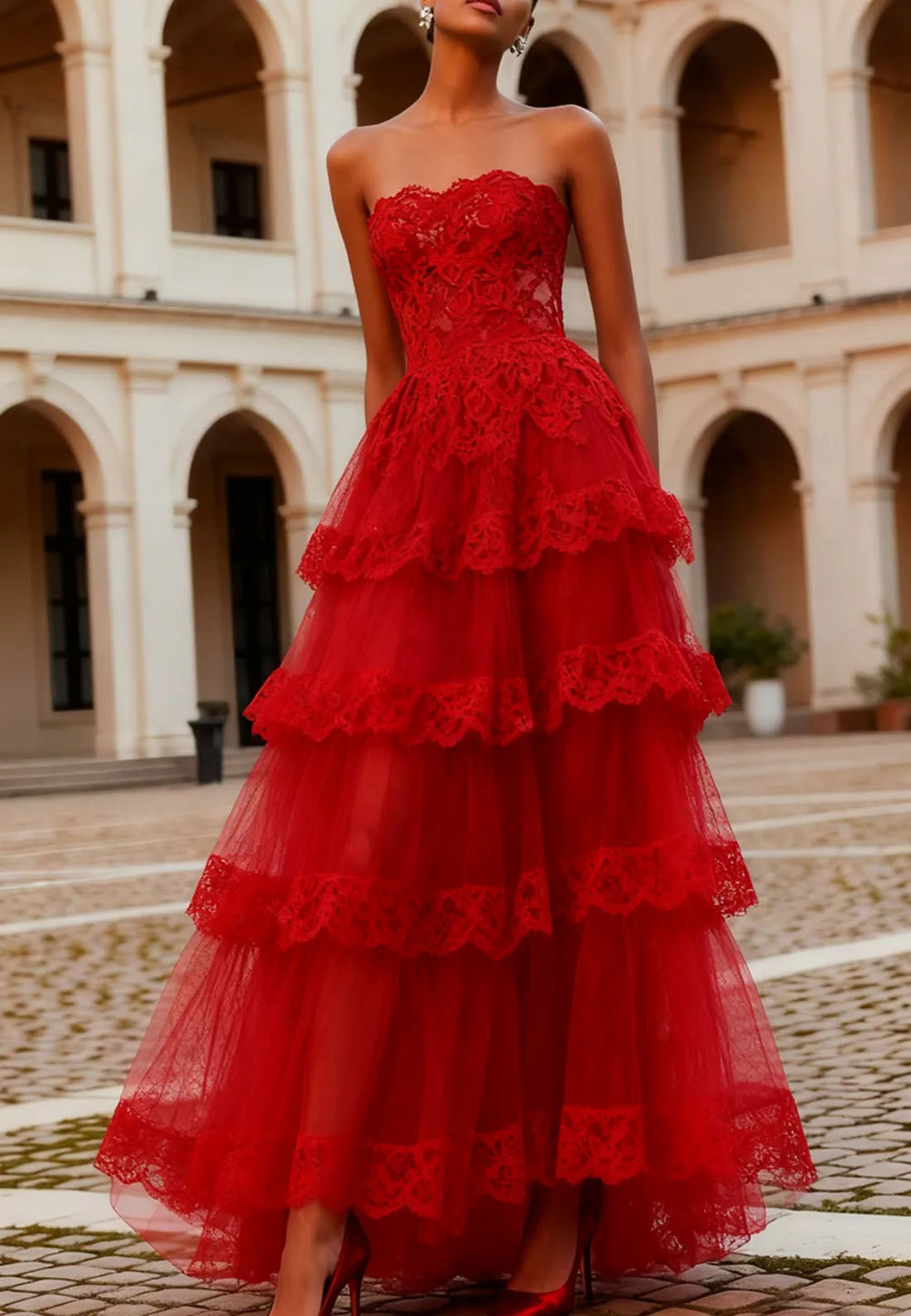 Red Strapless Sleeveless Tulle A-Line Tassel Floor-Length Prom Dress