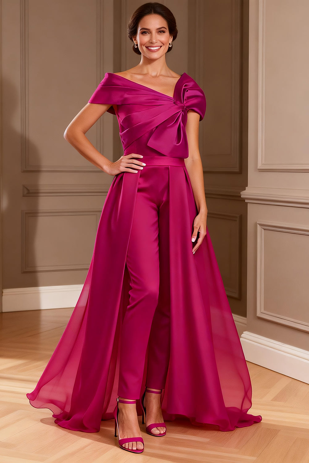 Fuchsia Asymmetrical Neck Ruched Long Mother of the Bride Jumpsuits with Cape Evening Dress